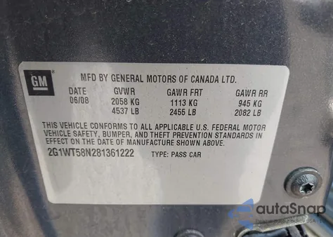 2008 Chevrolet Impala Lt from USA, damaged, VIN 2G1WT58N281361222